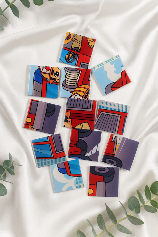 Fotopuzzle – 12 Teile mit Feuerwehrmann & Feuerwehrauto. Voller Liebe & Erinnerungen