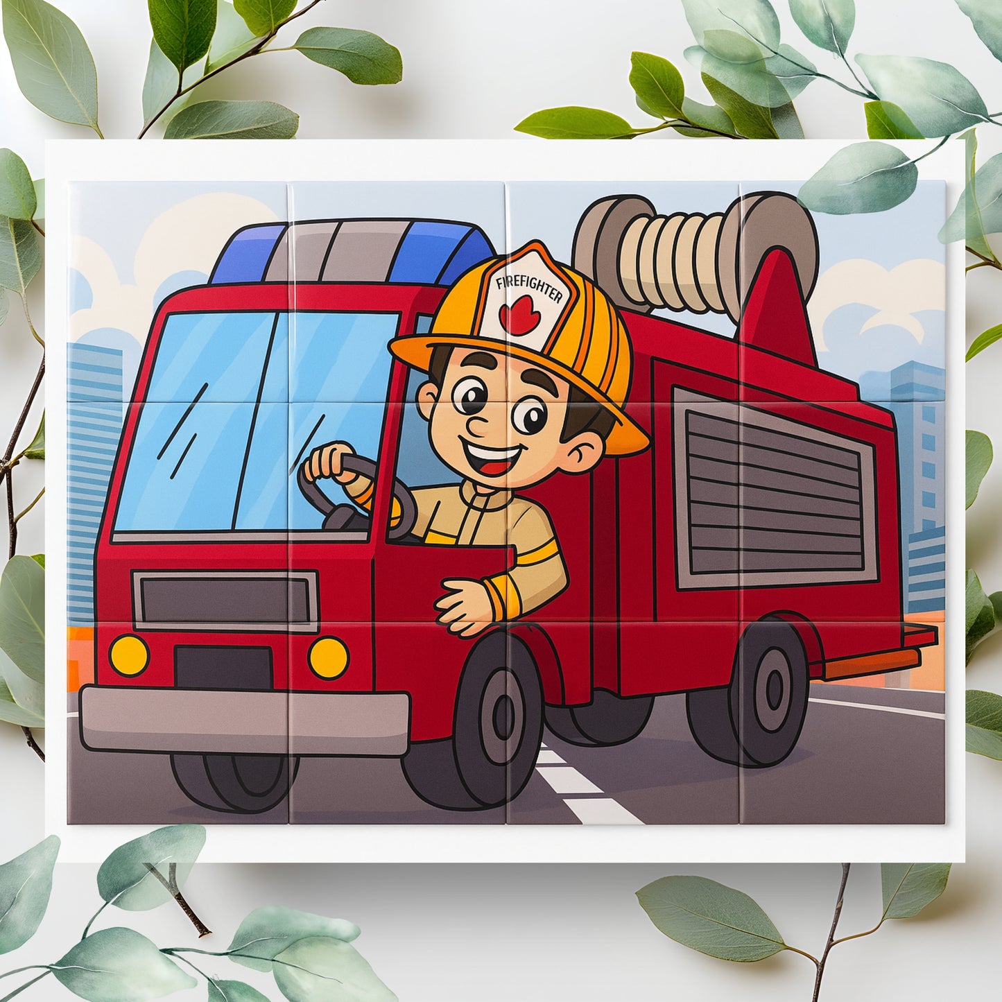 Fotopuzzle – 12 Teile mit Feuerwehrmann & Feuerwehrauto. Voller Liebe & Erinnerungen