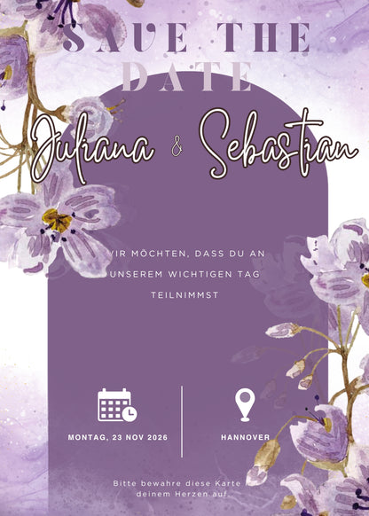 Save the Date Magnet auf Karte – elegant und einzigartig Purple Style