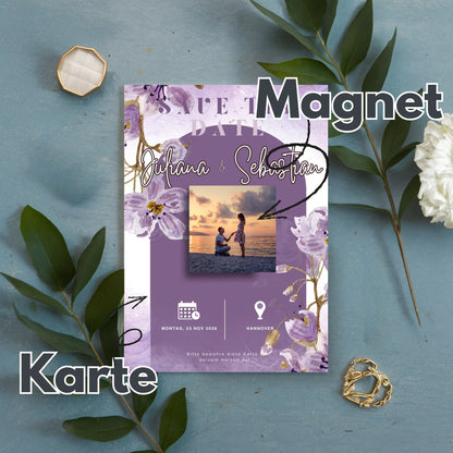 Save the Date Magnet auf Karte – elegant und einzigartig Purple Style