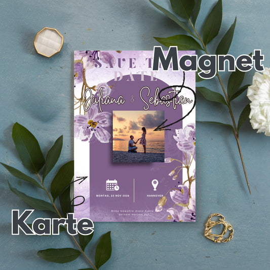 Save the Date Magnet auf Karte – elegant und einzigartig Purple Style