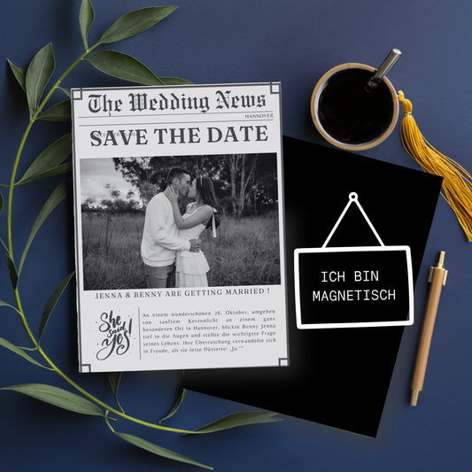 Magnetische Save-the-Date Karte – Personalisiert mit eurem Foto News Style