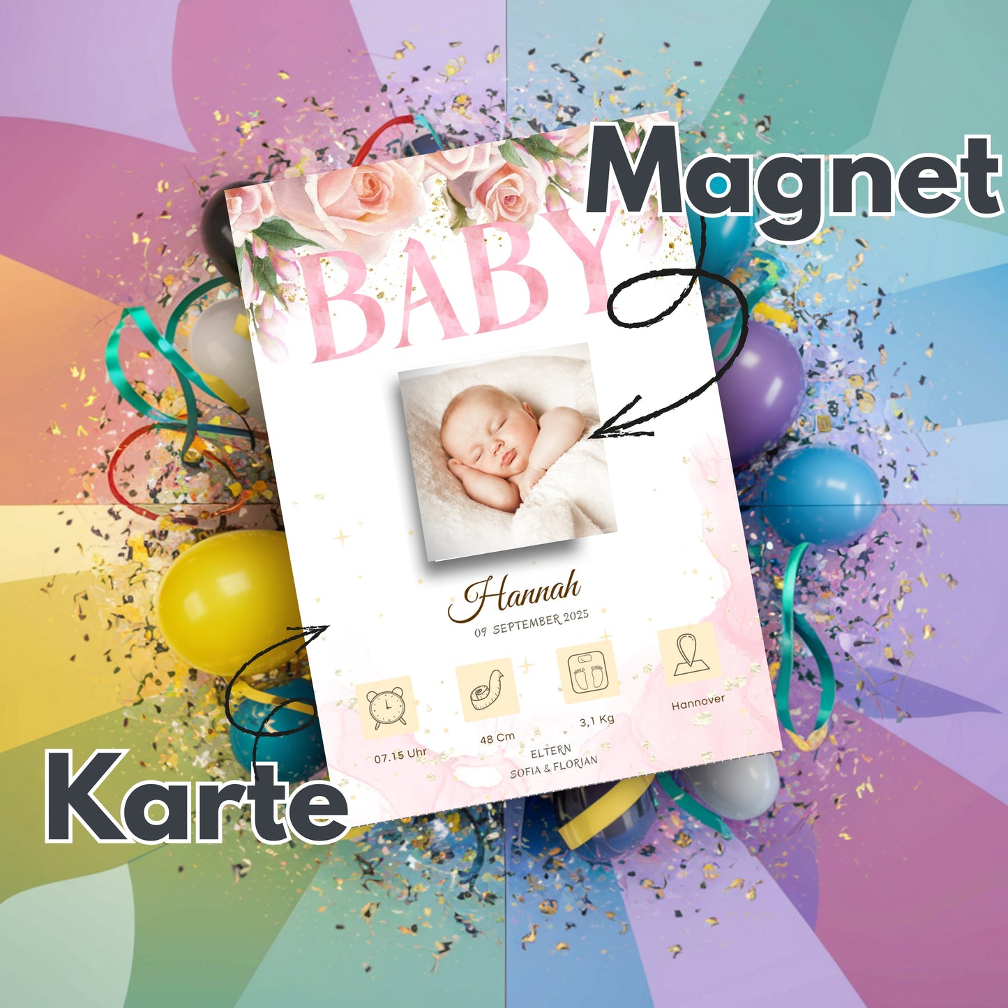 Willkommen, kleines Wunder – Karte mit Magnet Rose Style