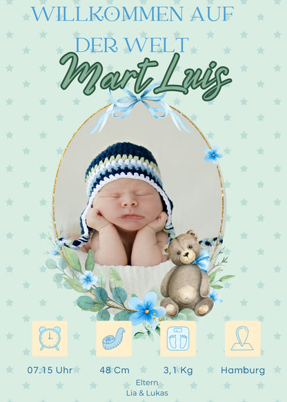 Willkommen, kleines Wunder – Magnetkarte zur Geburt Bear Style