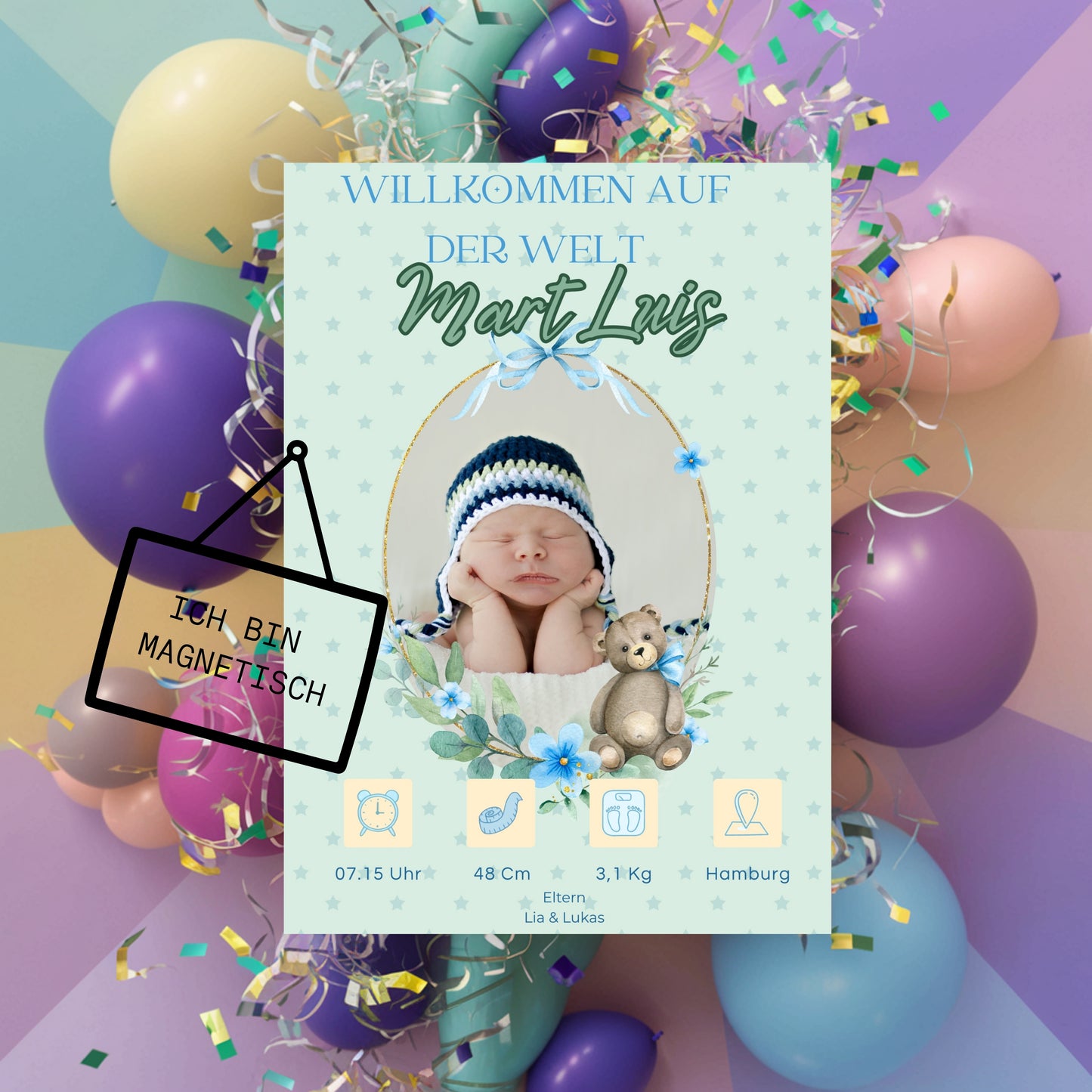 Willkommen, kleines Wunder – Magnetkarte zur Geburt Bear Style
