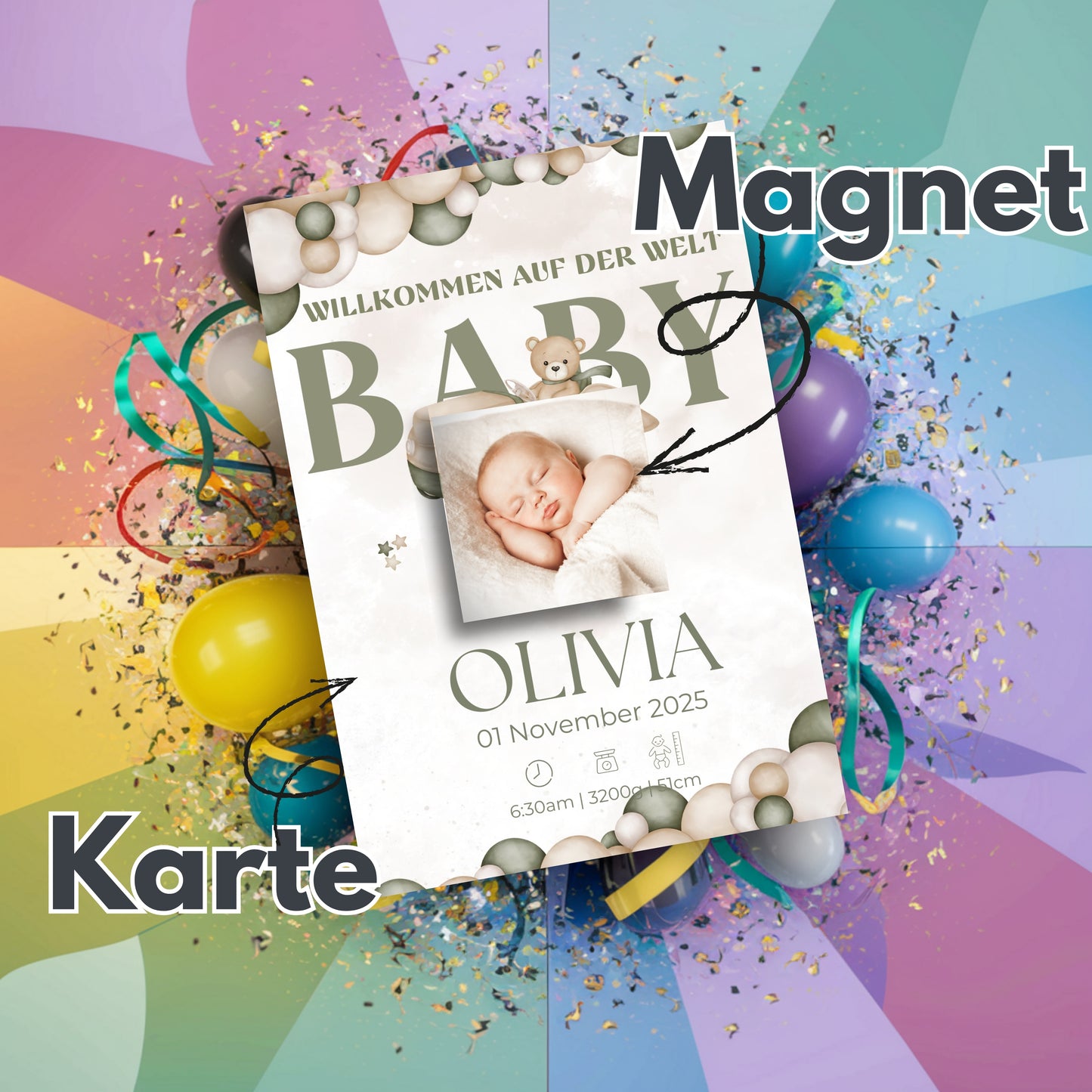 Willkommen, kleines Wunder – Karte mit Magnet Oliven Style