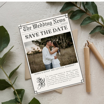 Magnetische Save-the-Date Karte – Personalisiert mit eurem Foto News Style