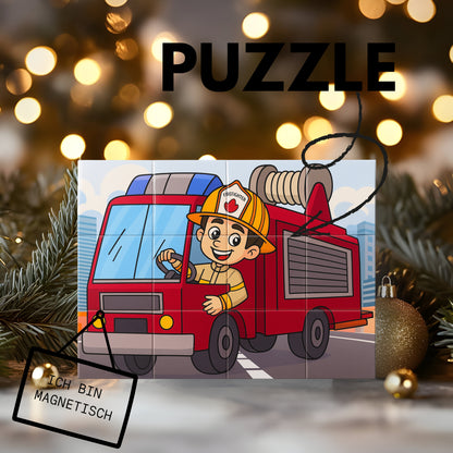 Fotopuzzle – 12 Teile mit Feuerwehrmann & Feuerwehrauto. Voller Liebe & Erinnerungen