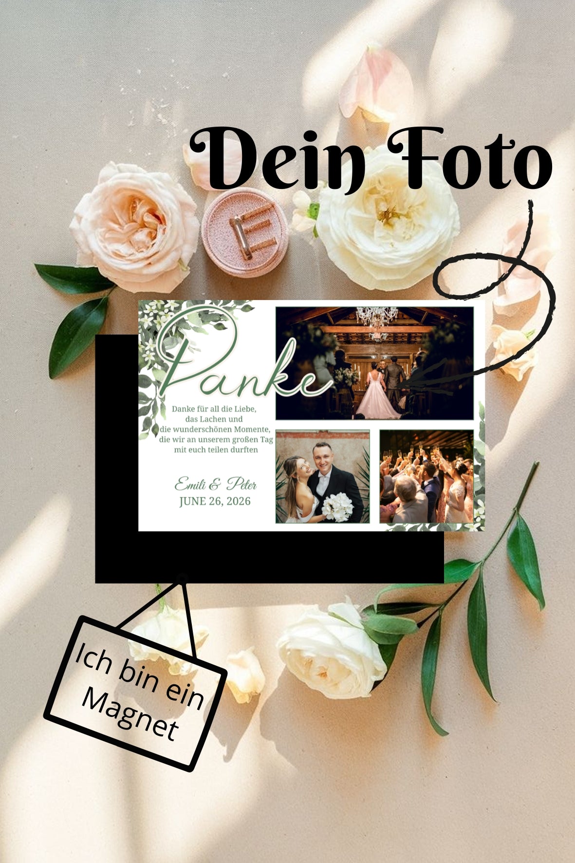 Wir sagen Danke – Magnetkarte mit Foto & persönlichem Text Grun Style