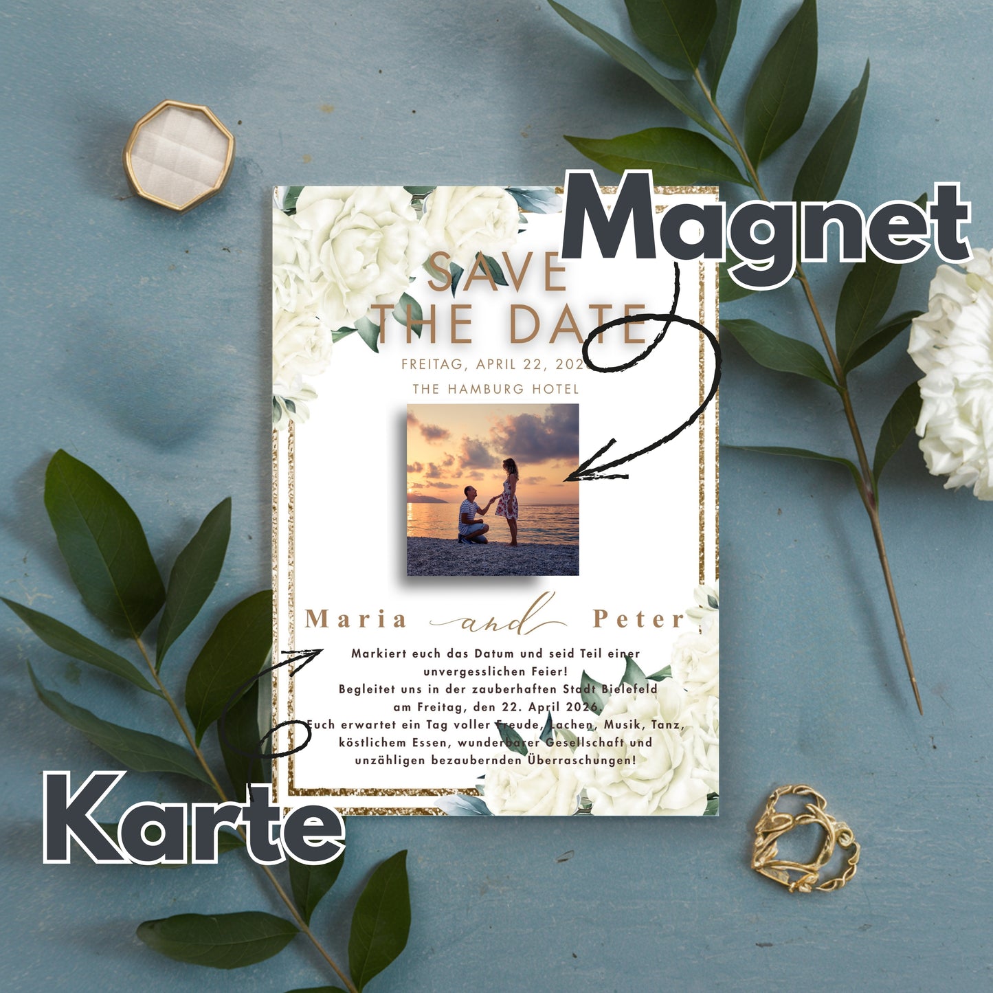 Save the Date Magnet auf Karte – elegant und einzigartig Gold Style